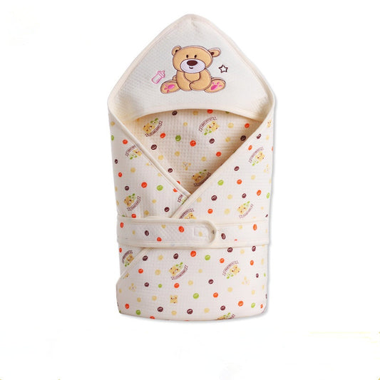 Adorable bear baby quilt with teddy bear hood and colorful polka dot pattern blanket
