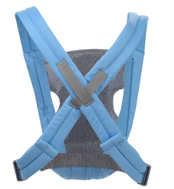 Blue baby carrier with comfortable infant carrier straps designed for ergonomic support