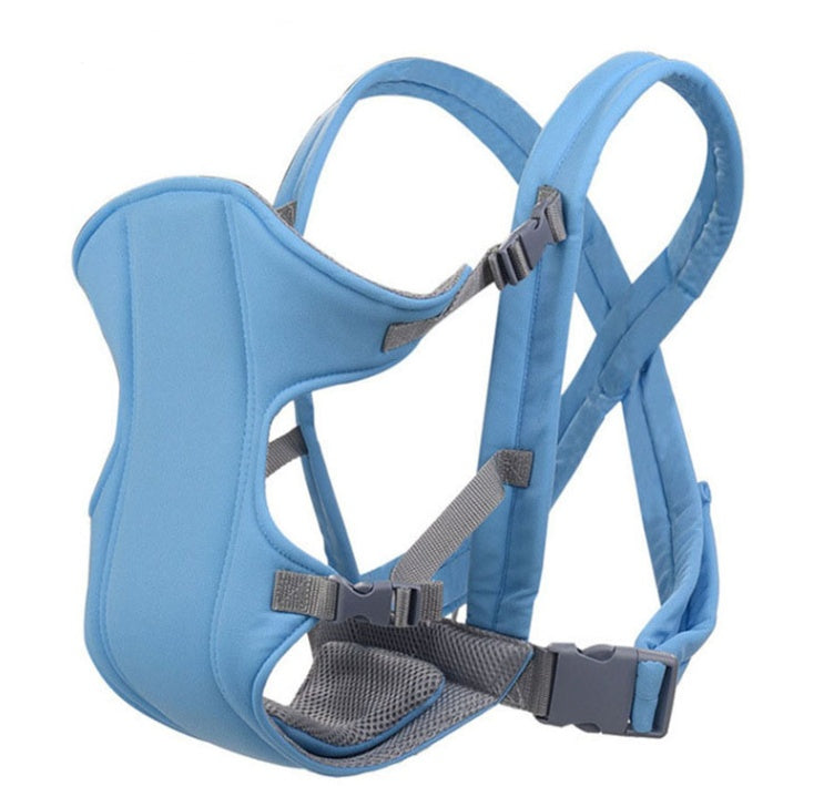Blue baby carrier with comfortable infant carrier straps and adjustable buckles for secure fit
