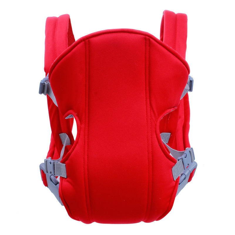 Red baby carrier with comfortable infant carrier straps and adjustable gray buckles