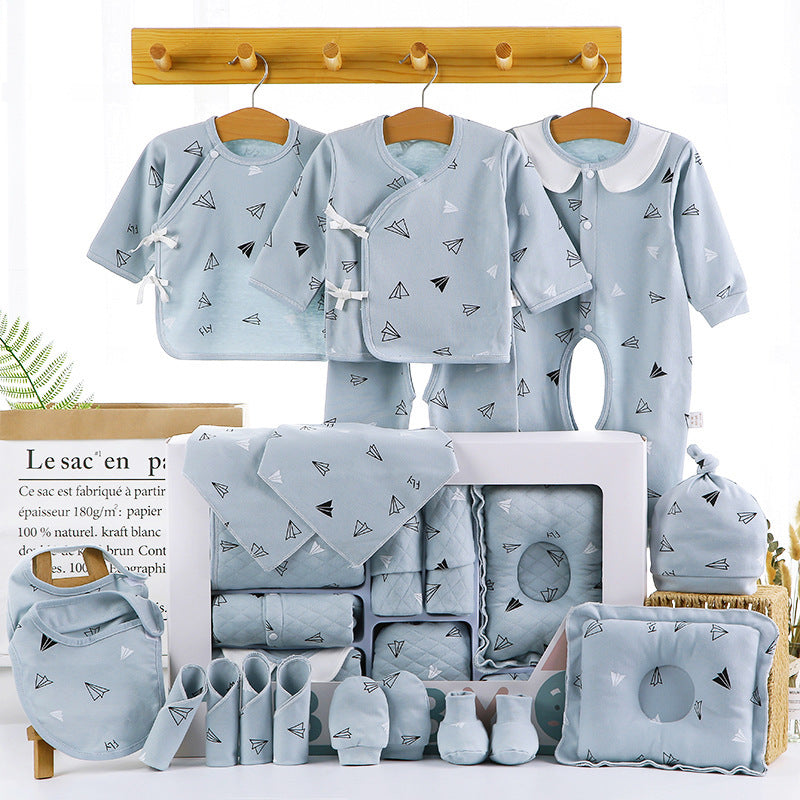 Blue baby shower gift cotton clothes set with paper plane print including bodysuits bib hat and booties