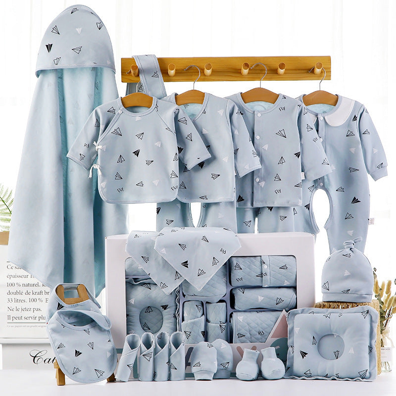 Blue baby shower gift cotton clothes set with hooded towel, bodysuits, mittens, bibs, and accessories in gift box