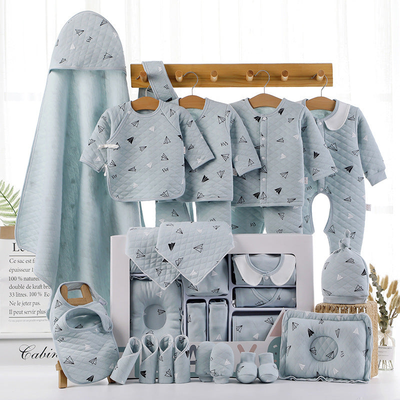 Baby shower gift cotton clothes set in light blue with paper plane prints including hooded blanket bib bodysuit and booties