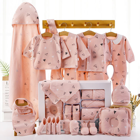 Pink baby shower gift cotton clothes set with hooded towel, mittens, bibs, booties, and onesies