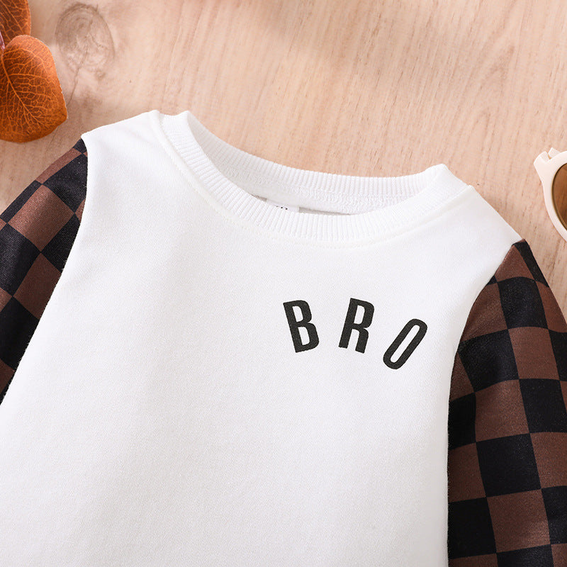 Cute baby plaid sweatshirt with white body and brown checkered sleeves featuring BRO text