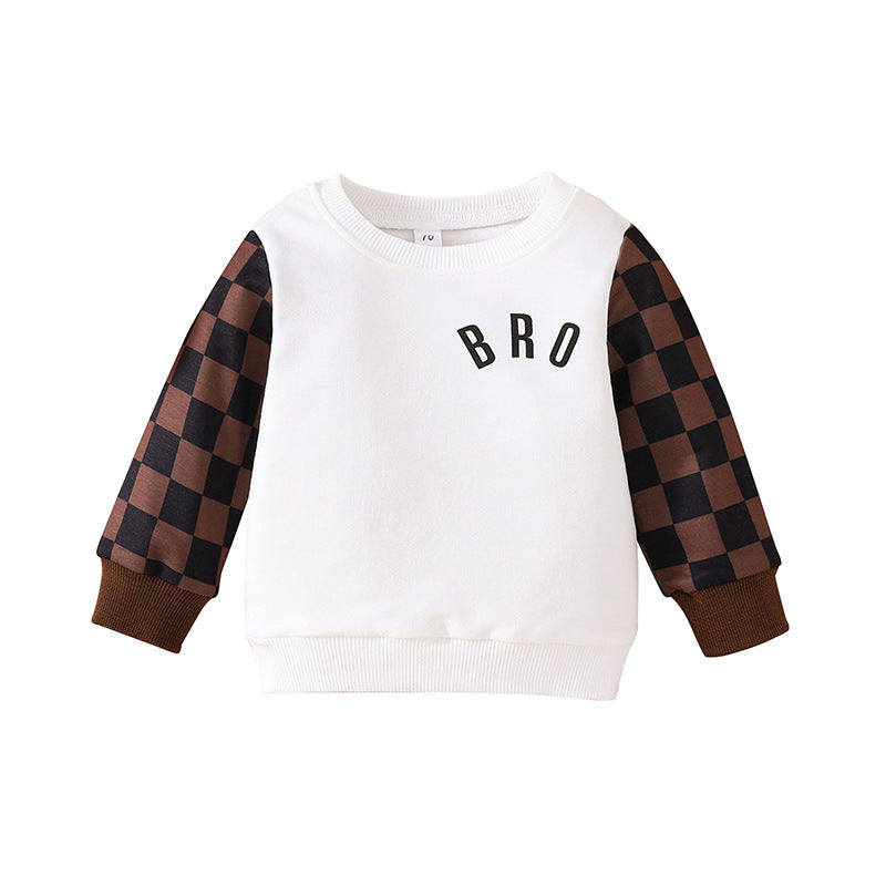 Cute baby plaid sweatshirt with brown checkered sleeves and white body with BRO print