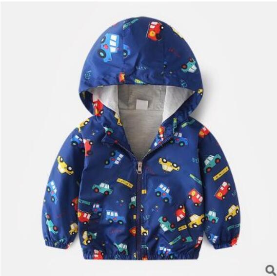 Blue boys hooded jacket with colorful car and truck prints and front zipper closure