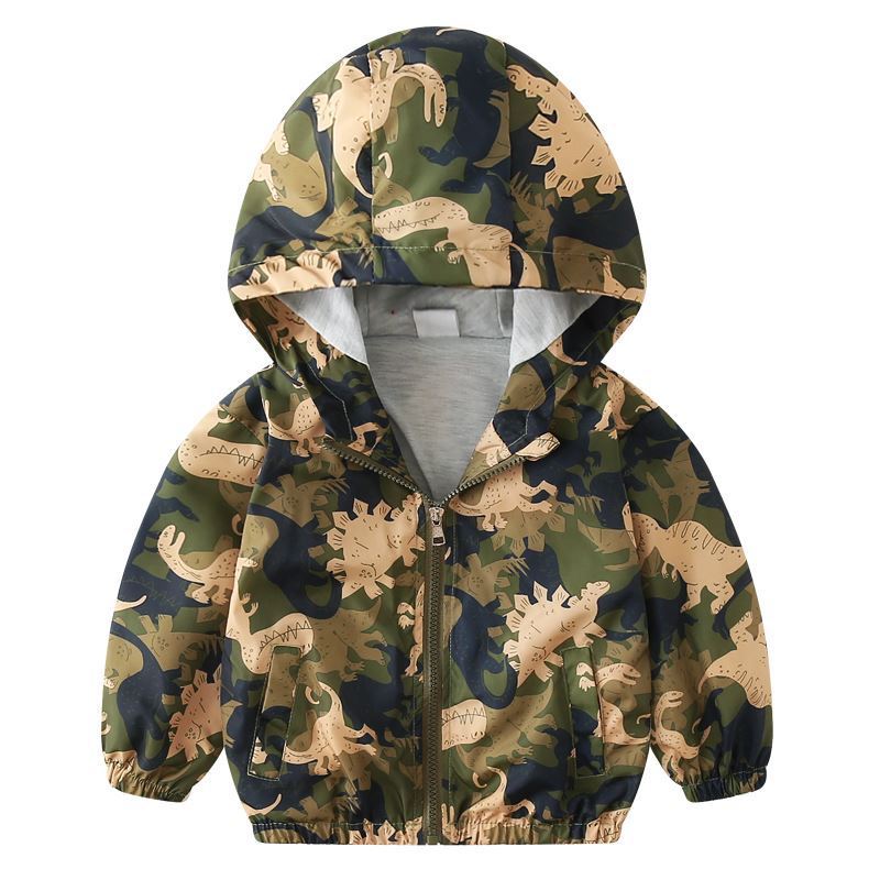 Boys hooded jacket with green and brown dinosaur camouflage pattern and front zipper closure