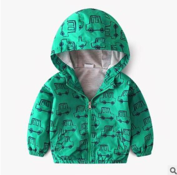 Green boys hooded jacket with black car print and front zipper closure