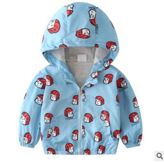 Light blue boys hooded jacket with red and white cartoon helmet pattern and front zipper