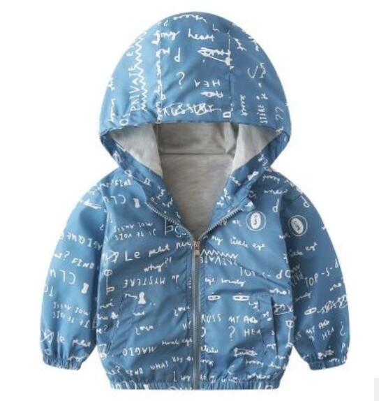 Blue boys hooded jacket with white script print and front zipper closure