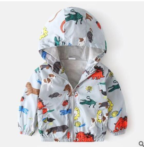 Colorful boys hooded jacket with animal prints and zipper closure for casual outdoor wear