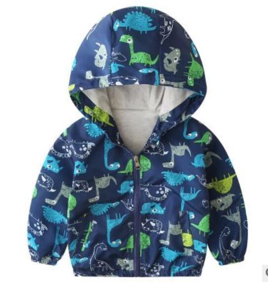 Boys hooded jacket with colorful dinosaur prints on navy blue fabric and zip front closure