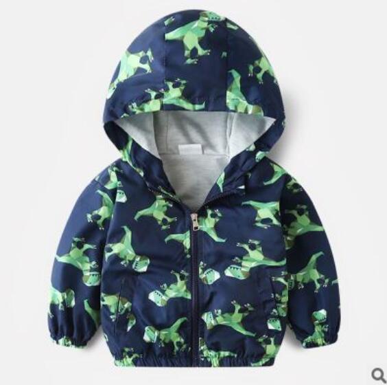 Boys hooded jacket with green dinosaur print on navy blue fabric and front zipper closure