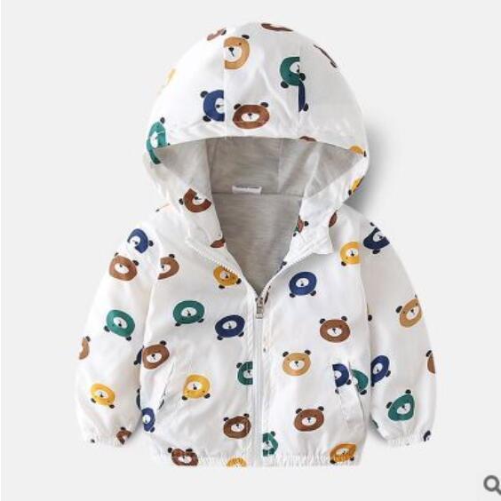 White boys hooded jacket with colorful bear face prints and front zipper closure
