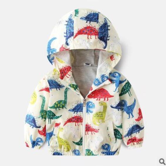 Boys hooded jacket with colorful dinosaur print on white zip-up design