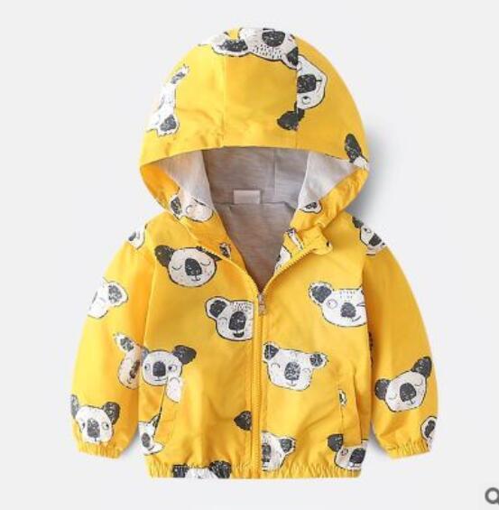 Yellow boys hooded jacket with koala bear print and front zipper closure