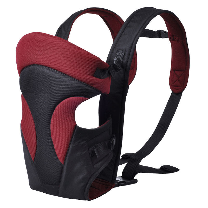 Comfortable baby carrier in black and red with adjustable padded straps for secure babywearing