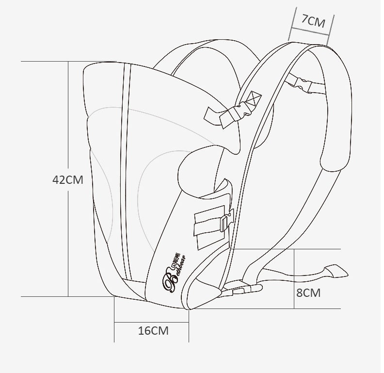 Technical diagram of a comfortable baby carrier with detailed measurements in centimeters