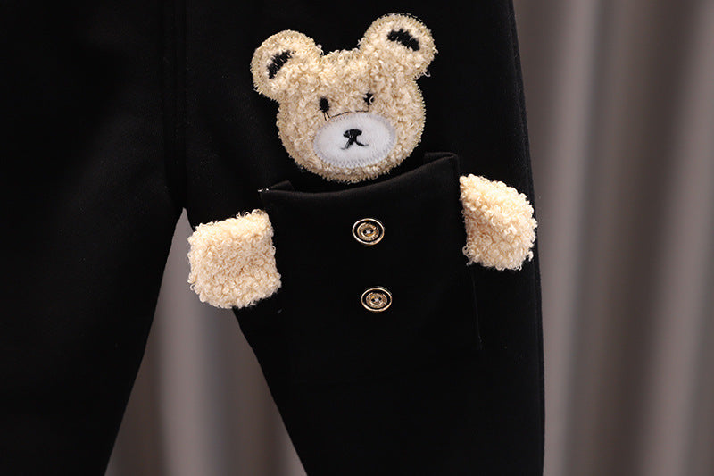 Black toddler pants with a cute teddy bear plush in the pocket warm toddler clothes set