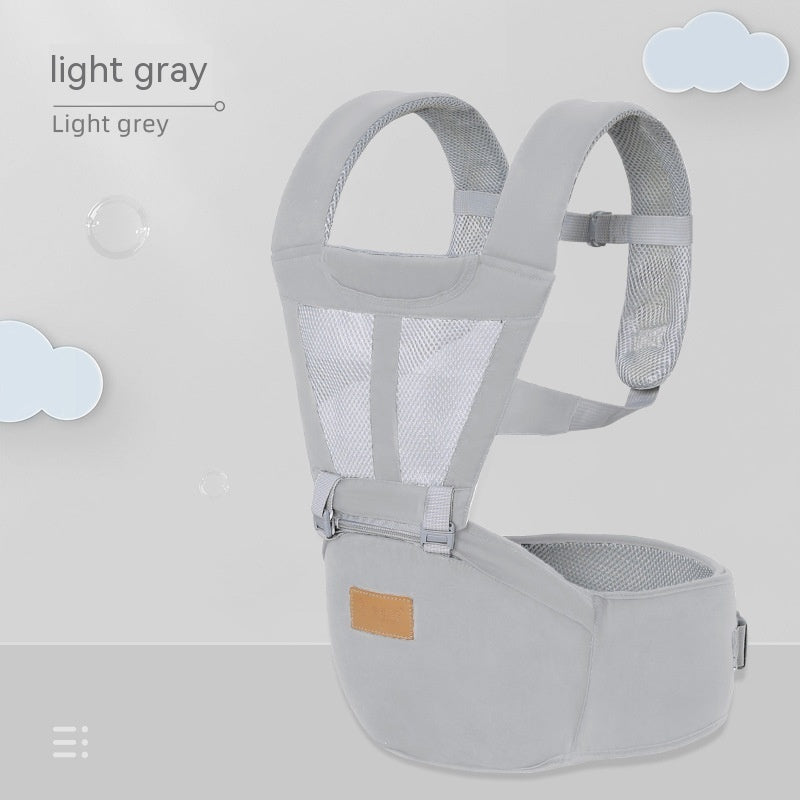 Light gray breathable baby hip seat with mesh back and adjustable straps for comfort