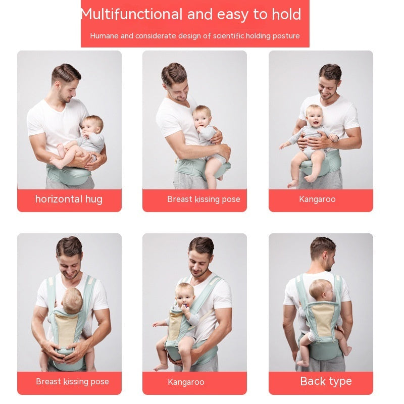 Breathable baby hip seat baby carrier showing multiple holding positions with father and baby