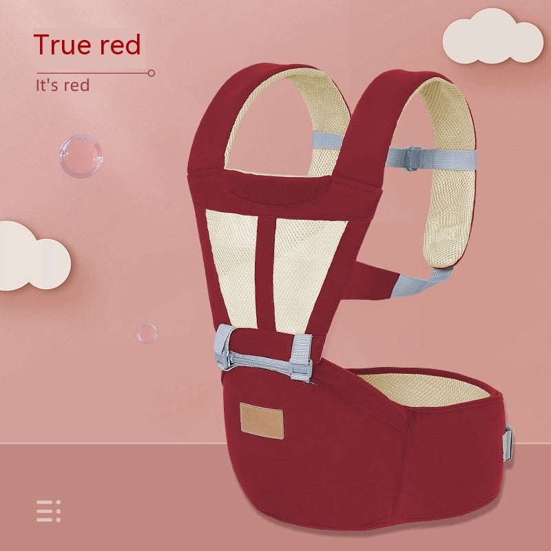 True red breathable baby hip seat carrier with mesh panels and adjustable straps for comfort