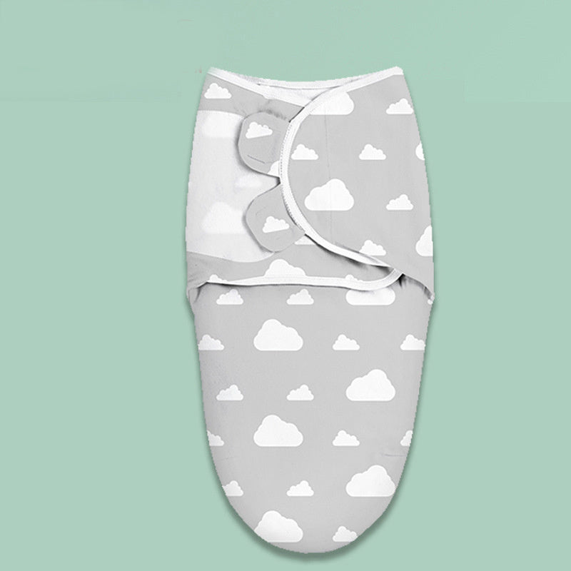 Gray cloud print newborn swaddle with white cloud patterns designed for baby comfort and security