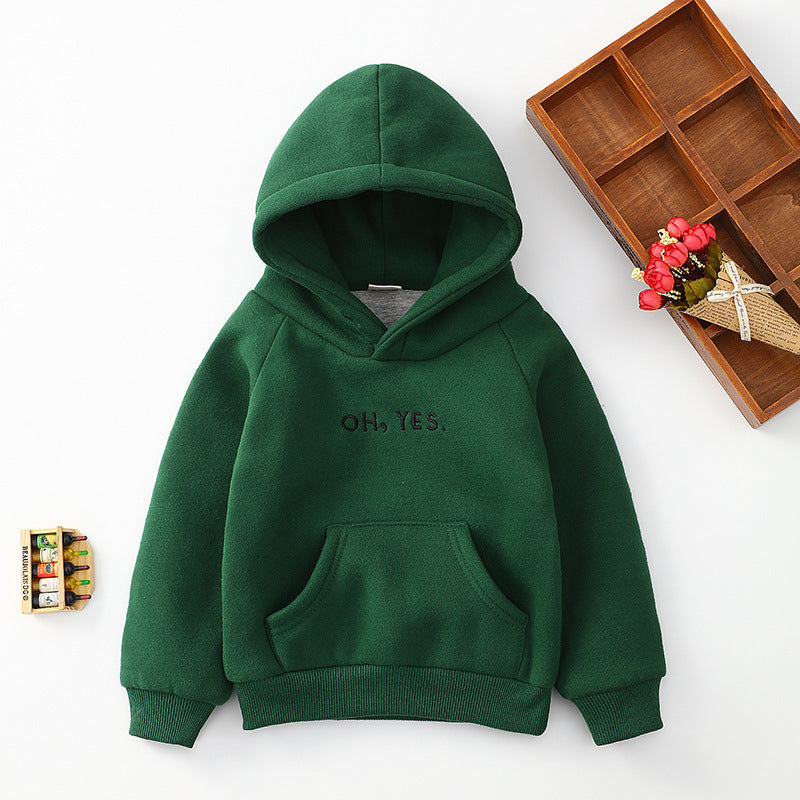 Green cotton baby hoodie with front pocket and hood featuring Oh Yes embroidery