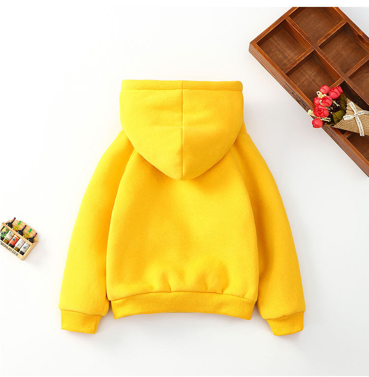Bright yellow cotton baby hoodie with long sleeves and hood displayed flat on white background