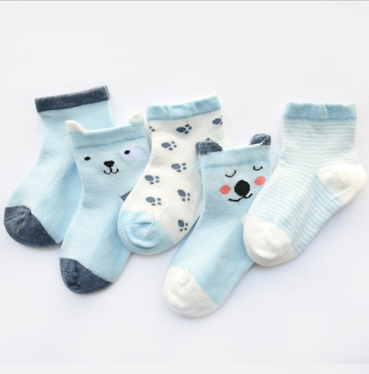 Cotton kids socks pack with blue and white animal and paw print designs for toddlers