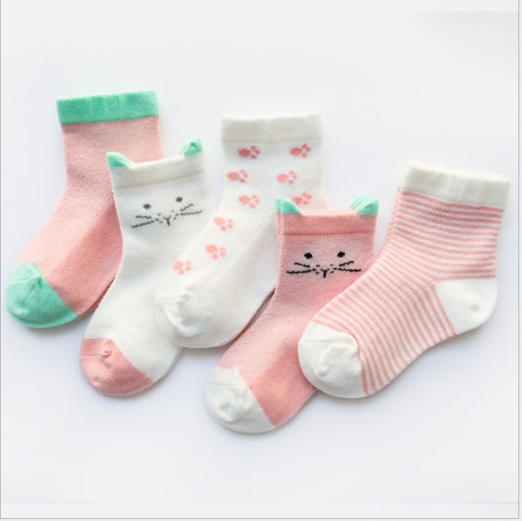 Cotton kids socks pack with pink and white designs including stripes, paw prints, and cat faces