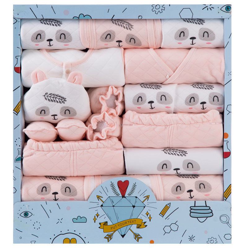 Cotton newborn gift set with soft pink and white baby clothes featuring cute animal faces in a decorative gift box