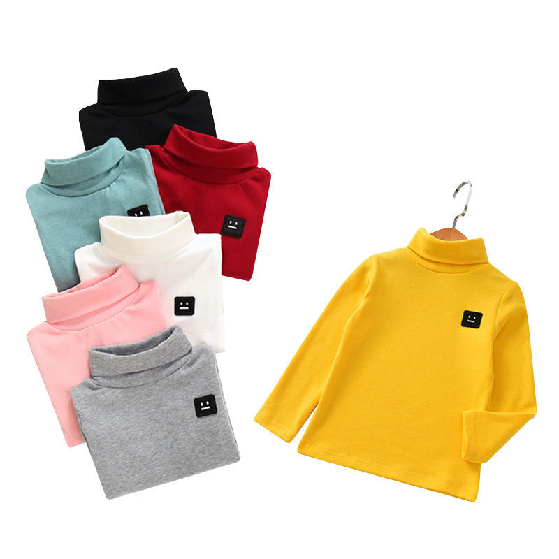 Colorful cotton tops for toddlers in yellow pink gray white red black and blue with turtlenecks