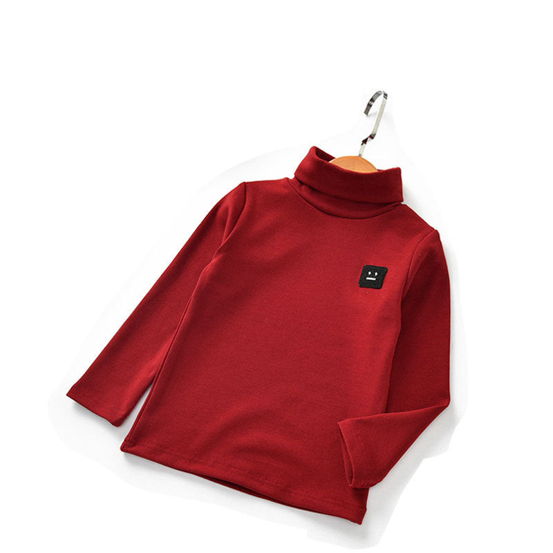 Red turtleneck cotton tops for toddlers with long sleeves and small patch on chest