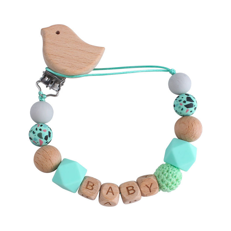 Cute baby pacifier chain with wooden bird clip and colorful silicone and wooden beads