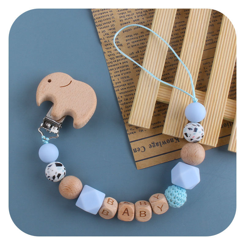 Cute baby pacifier chain with wooden elephant clip and mixed shaped beads in soft colors