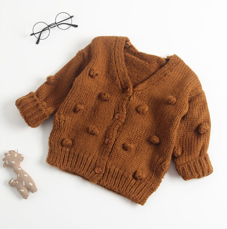 Brown knit cute toddler cardigan for girls with button closure and textured bobbles design