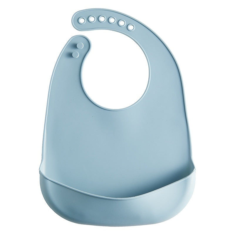 Light blue easy clean baby eating bib with adjustable neck buttons and food catcher pocket