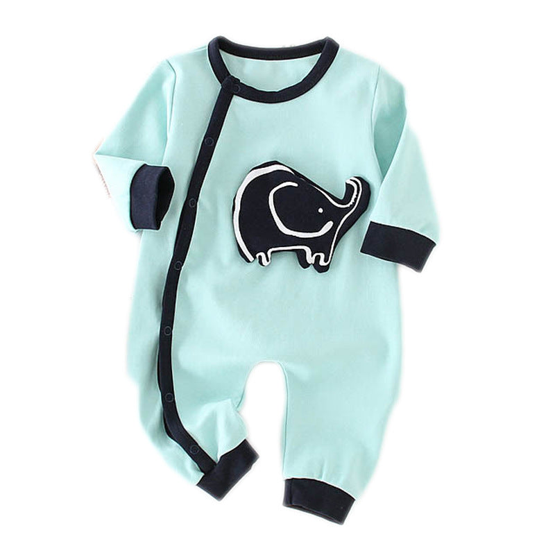 Light blue baby onesie with black trim and elephant print baby onesie design on the front