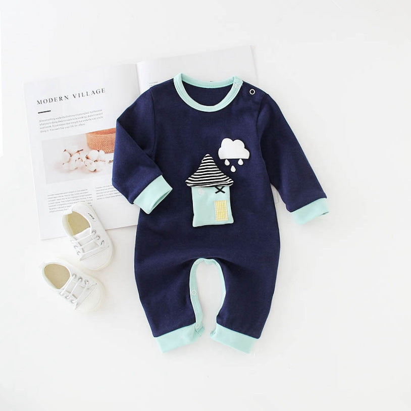 Navy blue baby onesie with house and cloud design featuring elephant print baby onesie style