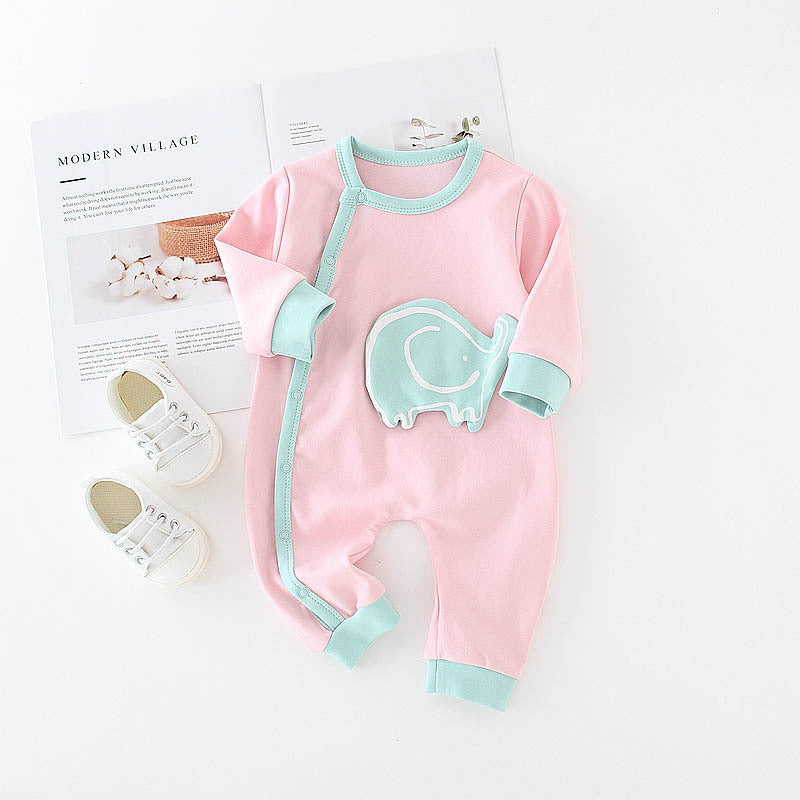 Pink and mint elephant print baby onesie with long sleeves and snap closures