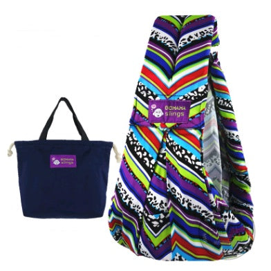 Colorful lightweight baby carrier bag with vibrant chevron pattern and black storage tote