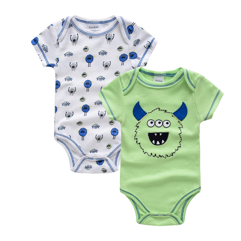 Set of two newborn summer onesies with monster graphics, one white with blue prints and one green with a blue horned monster