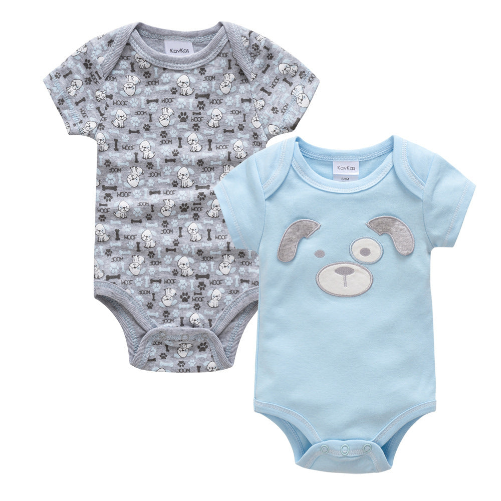Set of two newborn summer onesies with short sleeves featuring dog patterns and blue puppy face design