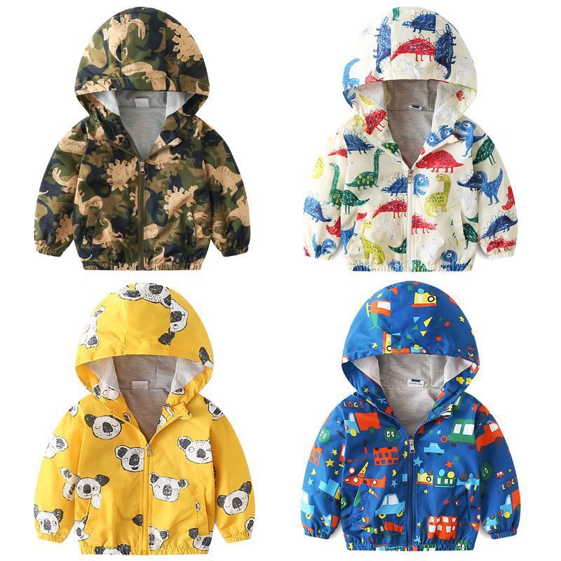 Boys hooded jacket set with camouflage, dinosaur, animal, and vehicle patterns in various colors