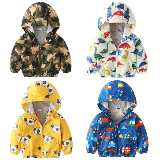 Boys hooded jacket set with camouflage, dinosaur, animal, and vehicle patterns in various colors
