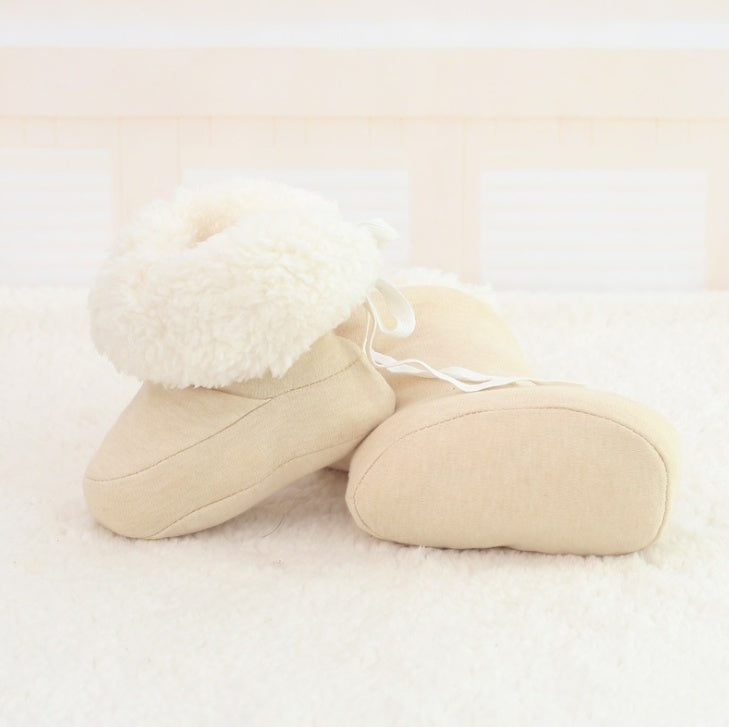 Beige newborn cozy print baby shoes with soft plush lining and warm fabric for infants