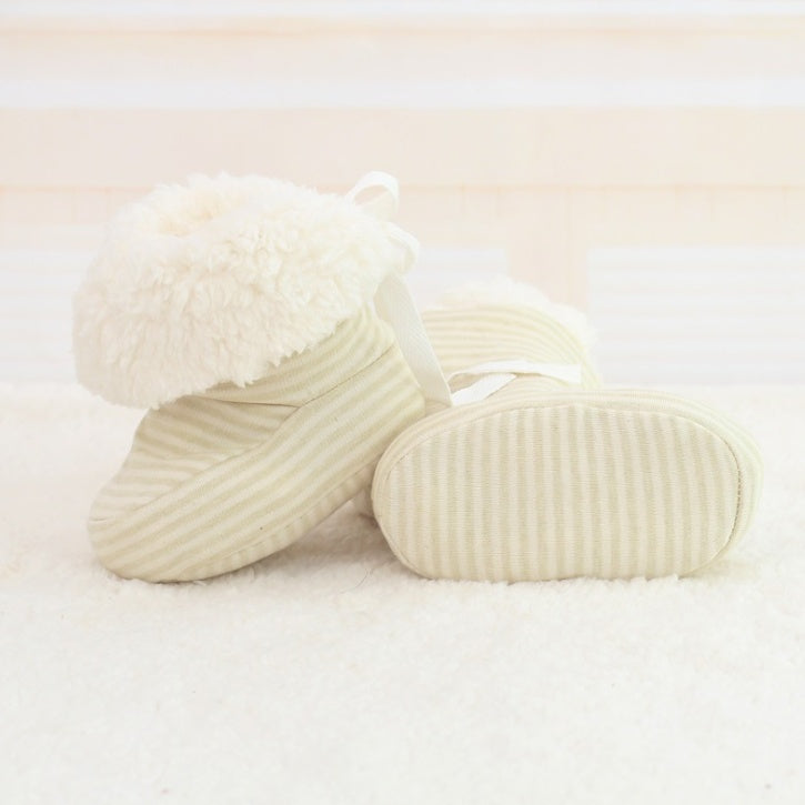 Soft cream striped newborn cozy print baby shoes with fluffy white lining for warmth
