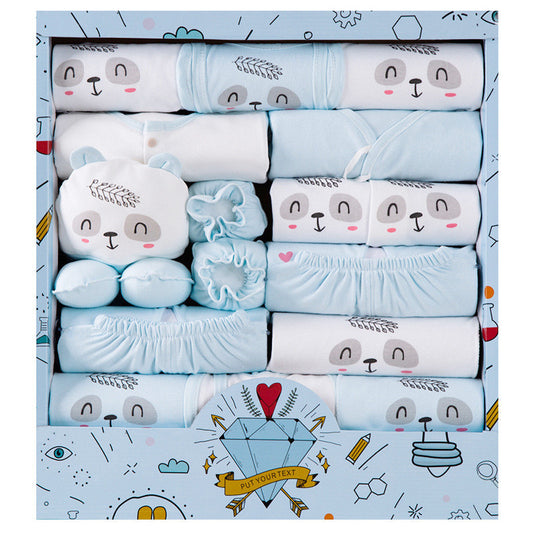 Newborn gift box with blue baby clothes and accessories featuring cute animal faces